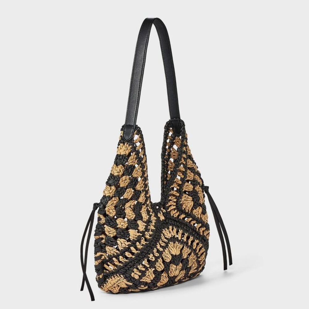 Straw Crochet Tassel Shoulder Bag - Natural/Black - Picture 3 of 4